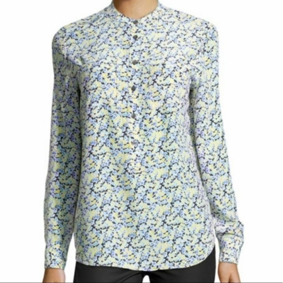 Equipment Tops - Equipment Ava Floral Print Silk Popover Blouse Blue Yellow Size Medium